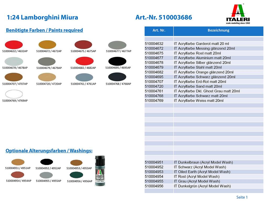 Italeri Lamborghini Miura Plastic Model Kit IT3686 1/24