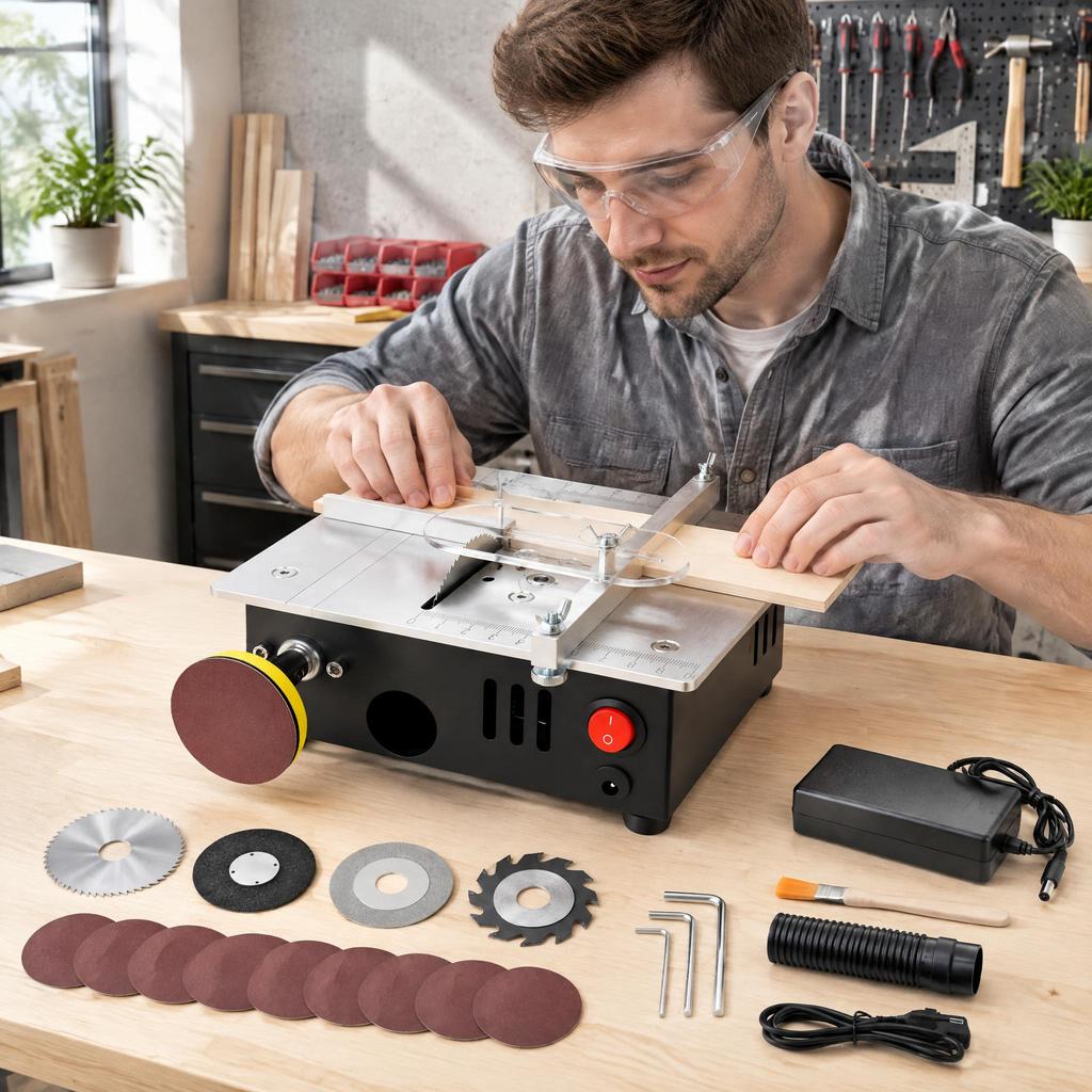 Mini Desktop Saw Machine Aluminum Alloy Multifunctional Cutting Tool with 4 Saw Blades EU Plug