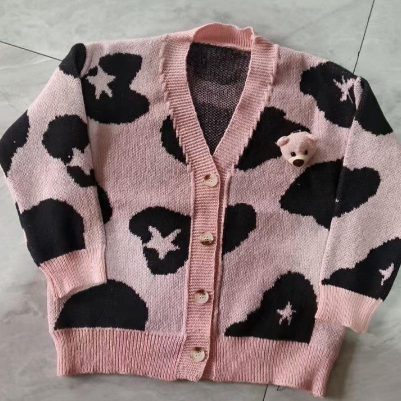 Women's Korean Style Bear Design Color Block Knit Cardigan - Soft, Loose, and Slimming for Autumn and Winter