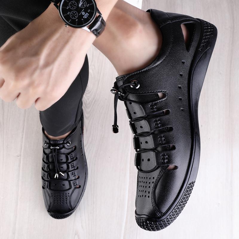 Summer Black Hollow Sandal Genuine Leather Soft Sole Outdoor Shoes Cool for Hiking Adult Men's Shoes High Quality Casual Shoes