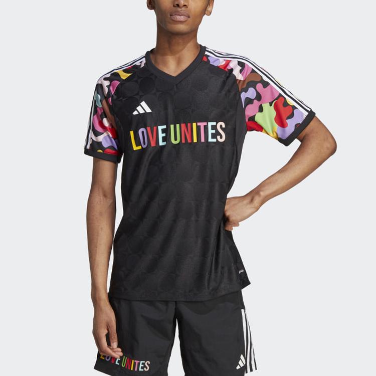 Adidas Pride Pre-Match Jersey Camouflage Print Color Block V-Neck Short Sleeve Soccer Shirt Men Tops Black HY5898