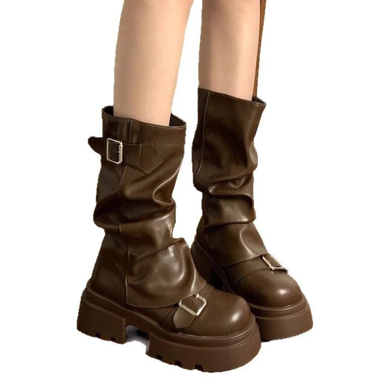 Hnědé všestranné zateplené Martinovy boty na platformě pro ženy 2025 nové podzimní americké retro přezka středně vysoké módní boty