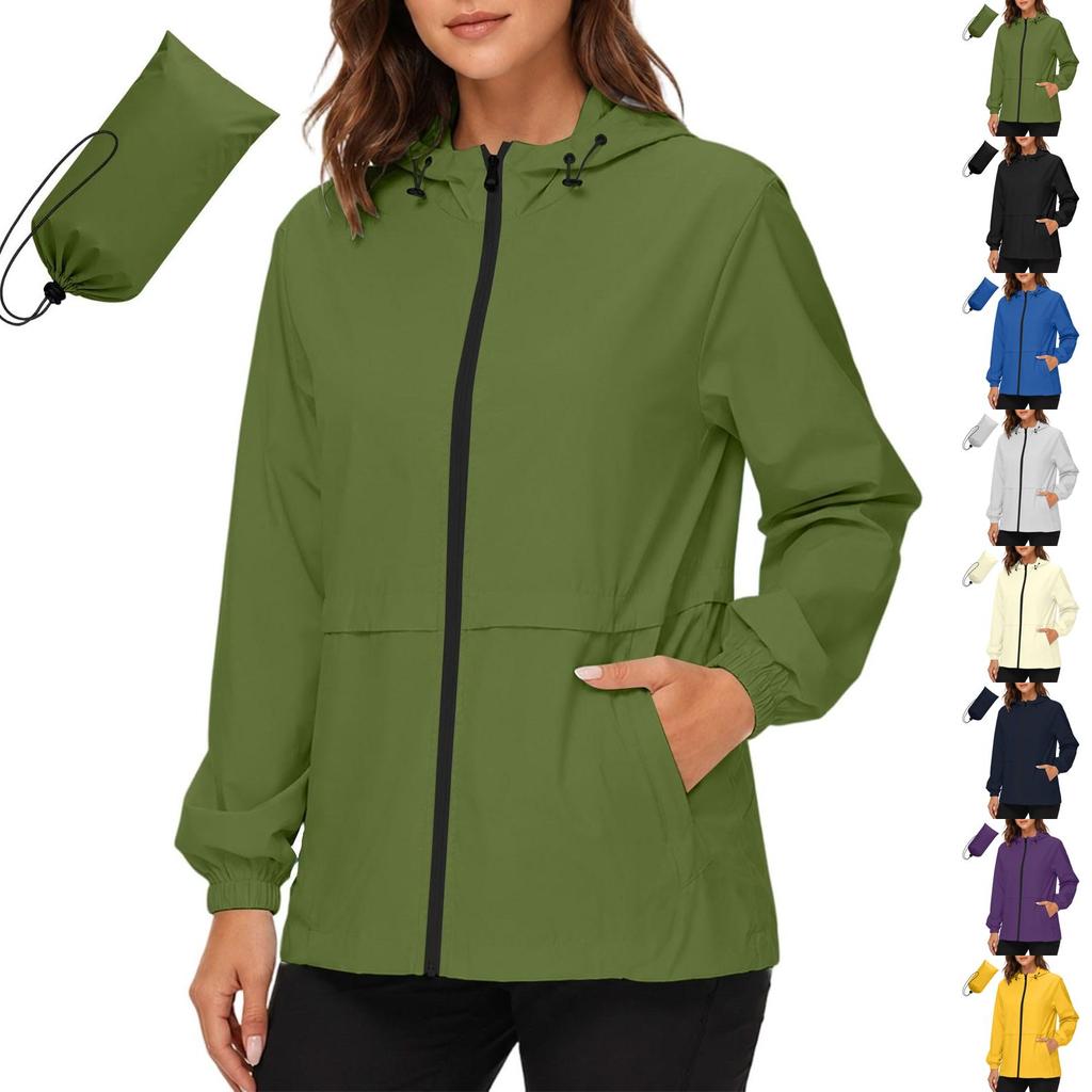 Women's Waterproof Windproof Hooded Jacket Lightweight Outdoor Raincoat Full Zip Front Pockets Adjustable Drawstring Hood