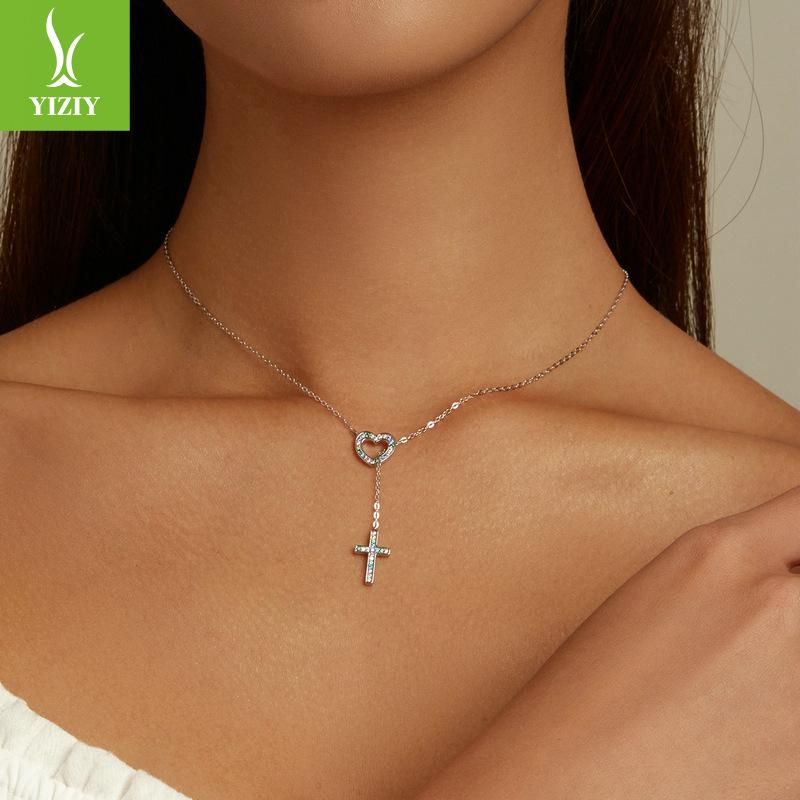S925 Sterling Silver Love Cross Necklace, Adjustable Platinum Plated Collarbone Chain Bsn244
