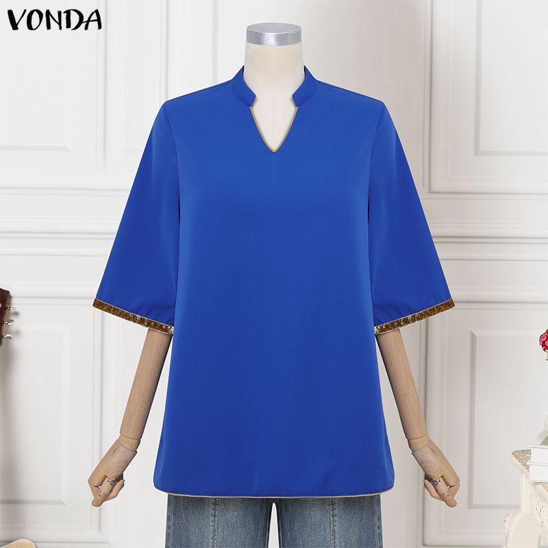 VONDA Oversized Womens V-Neck 3/4 Sleeve Loose Casual Blouse M синий