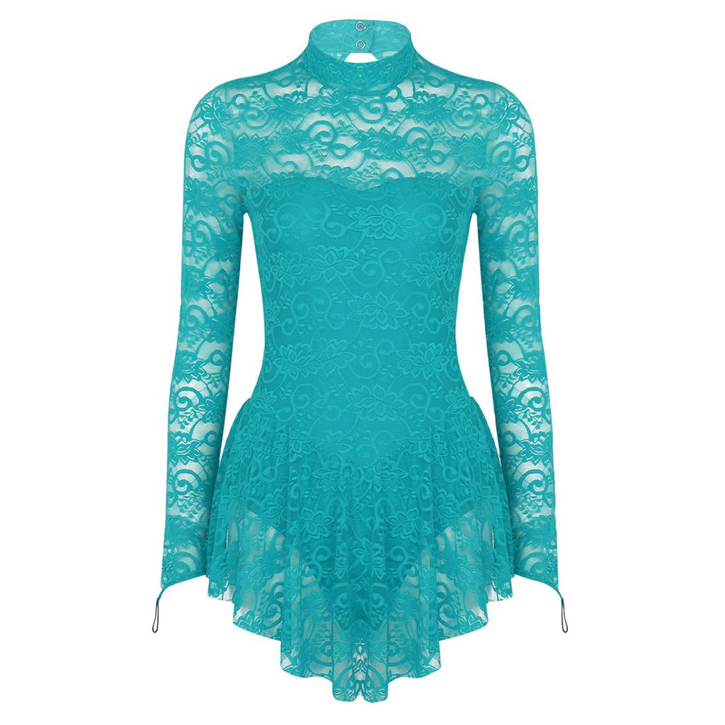 Women's Floral Lace Ballet Dance Leotard Fingerpoint Sleeves Figure Ice Skating Dress Costume