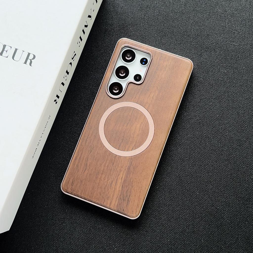 Suitable for Samsung S25ULTRA Elastic Buckle Mobile Phone Case Metal Frame Single-sided Peach Wood Back Plate Anti Fall Protection Case