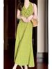 Women's Green Floral Halter V-Neck Sleeveless Long Dress - Summer 2025 Collection