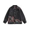 Women’s Vintage Ethnic Style Denim Jacket Loose Fit Frayed Hem Button Down Casual Outerwear with Patterned Patchwork Design