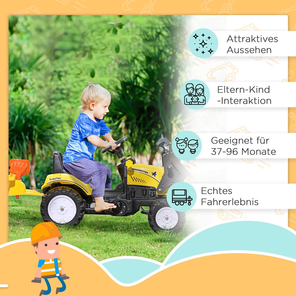 Children's Pedal Tractor with Front Loader and Trailer, Yellow/Black, Ages 3+