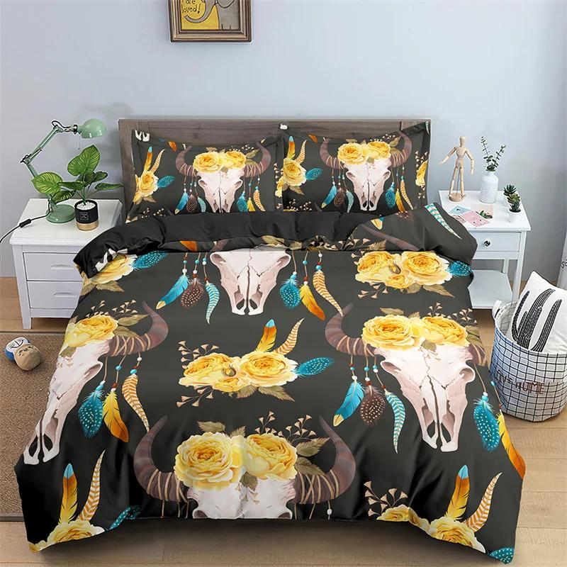 Exotic Bull Skull Duvet Cover Twin Queen Size Western Bedding Set Bohemia Flowers Quilt Cover Microfiber Feather Comforter Cover