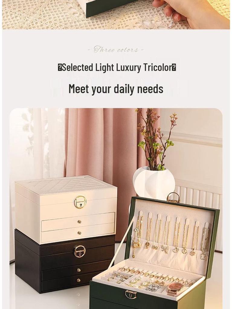 Three-Layer Leather Jewelry Box with Lock - Large Capacity, Dustproof, Multifunctional Storage