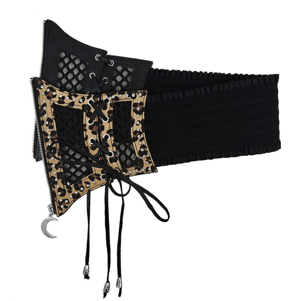 Leopard Print Cummerbund Moon Zipper Pendant Waistband Retro Wide Waist Belt Party Accessory