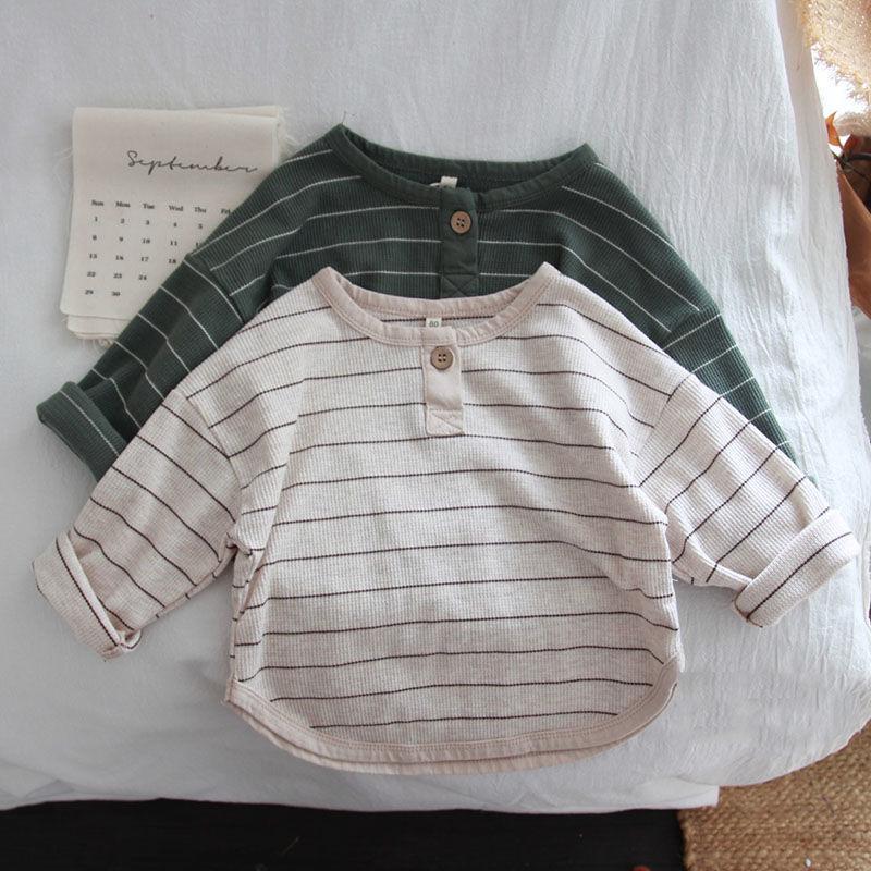 Korean Style Boys' Striped Retro T-shirt - Round Neck, Spring Fashion