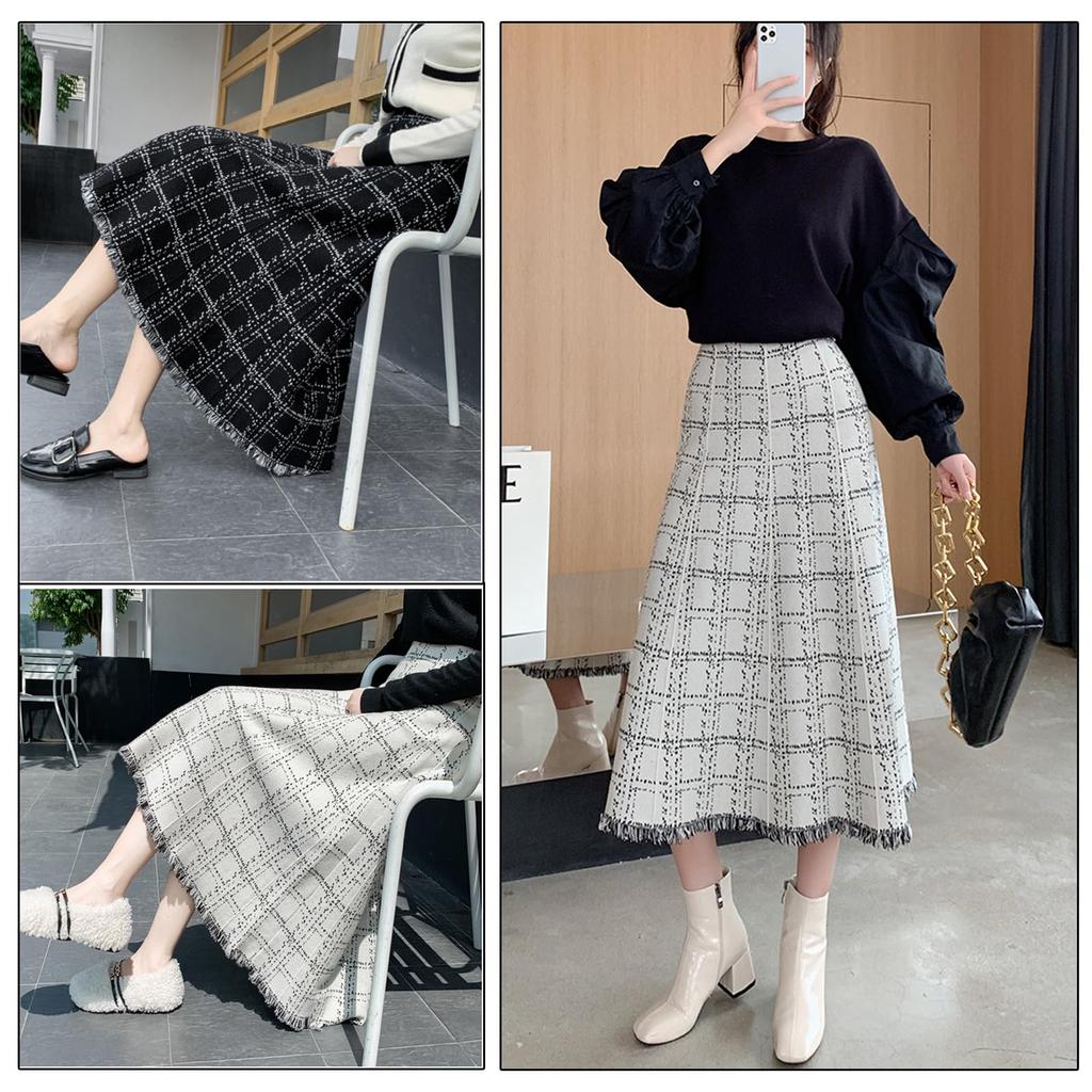 Knit Fringe Long Checkered Flared High Loose Casual Cute for Winter [CCGGOWMM] Women's Skirt, Midi-Length, Skirt, Skirt, Pattern, A-Line Skirt, Skirt,