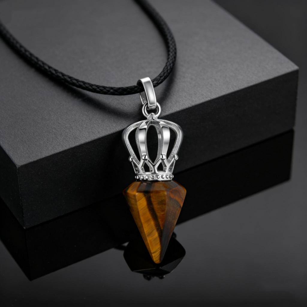 Modischer Zapfen Natürlicher Stein Anhänger Achat Tigerauge Stein Edelstahl Krone Verstellbares Seil Halskette Stilvoller Schmuck für Männer