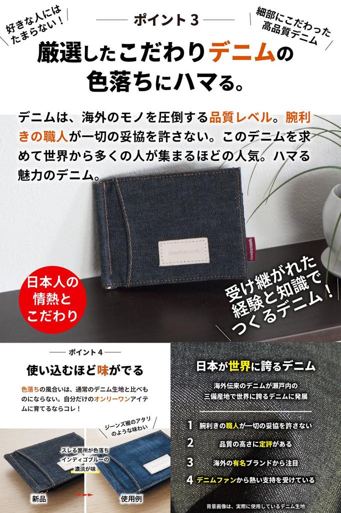 Need Network - Japan's proud denim money clip for men, featuring a coin purse, IC card pockets, and a lightweight, simple, and slim design.