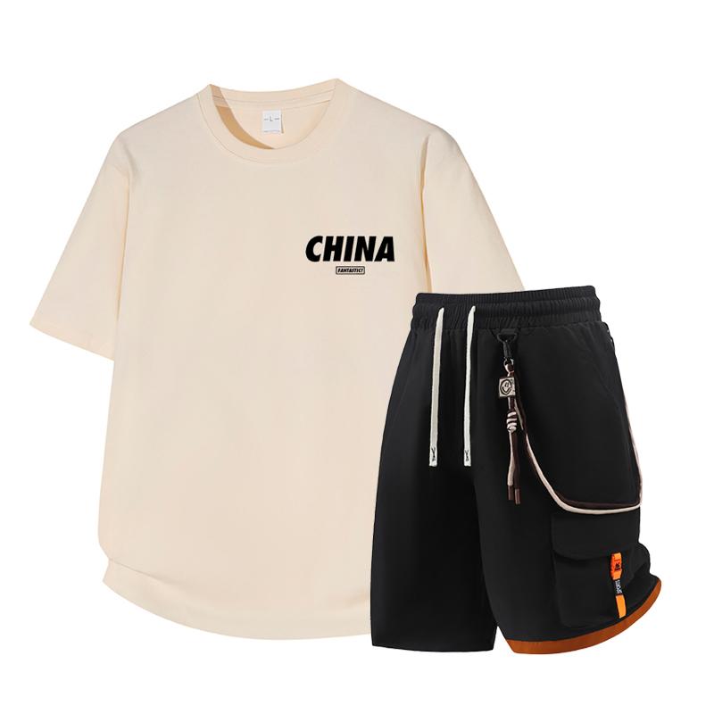 Dmo Men's Short Sleeved Set Summer Short Sleeved Slim Fit Upper Garment Men's Two-piece Set