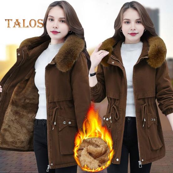 Winter Women Cotton Jacket with Furry Hood with Double Pockets Drawstring Waist Mid Length Zipper Closure Coat Solid Color Windproof Outwear Parka