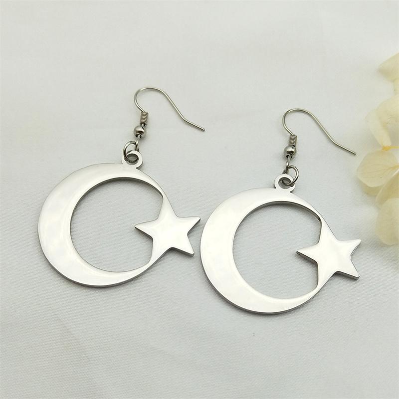 Muslim Islam Moon Star Stainless Steel Hoop Earrings for Women Gold Color Dangle Earrings Amulet Jewelry Party Gift 7615