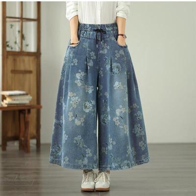 Plus Size Vintage Floral Cintura Alta Casual Solto Mulheres Primavera Verão Outono Jeans Denim Calças de Perna Larga
