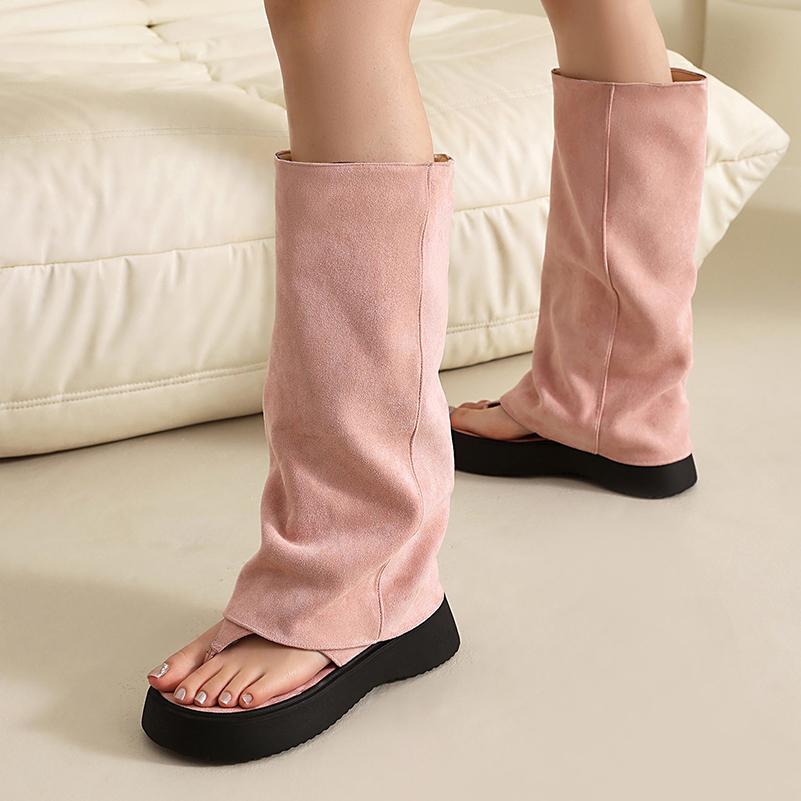 Plus Size Frosted Suede Material Flat Bottom Clip Toe Cover For Women's Summer Midsole Boots Breathable Lining Peep Toe Boots