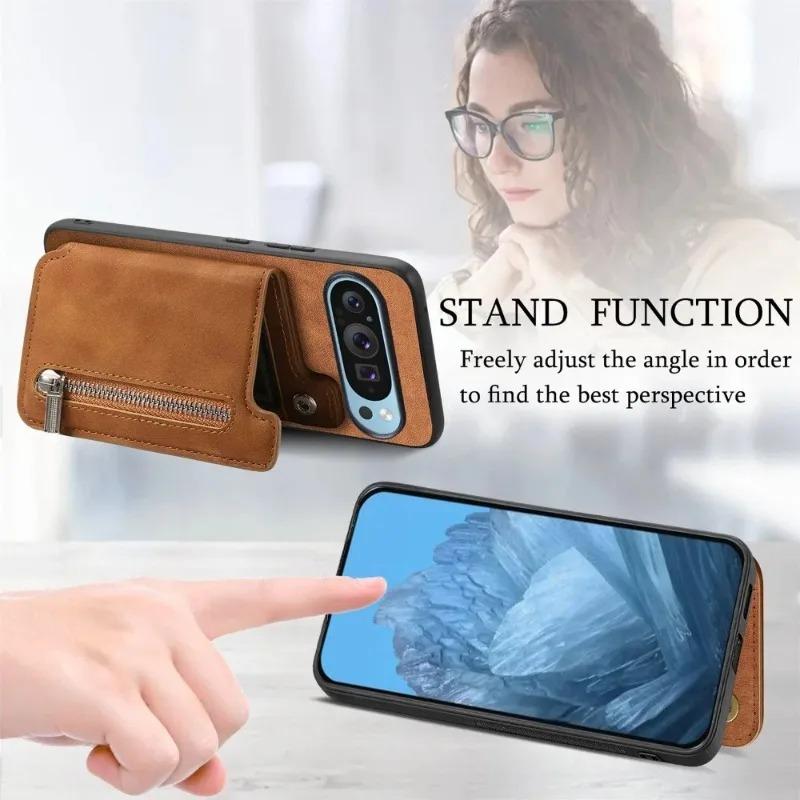 Glidelåskortspor Lommebokstativ Holder Veske for Google Pixel 9 Pro 8A 7A 7 Pro Magnetisk lær Støtsikkert beskyttende telefondeksel