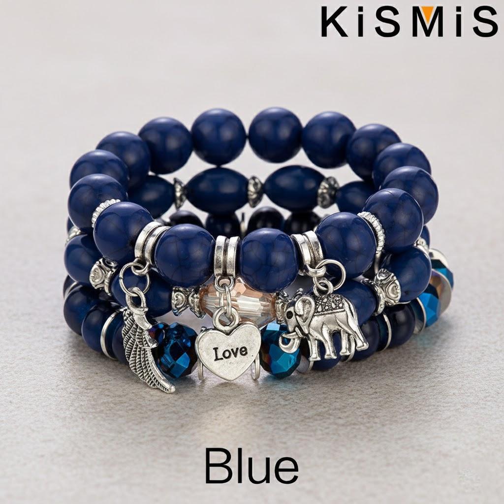 3Pcs Layered Boho Bracelets Set Stackable Stretch Bead Bracelet with Elephant Heart Charm for Women Fashion Jewelry