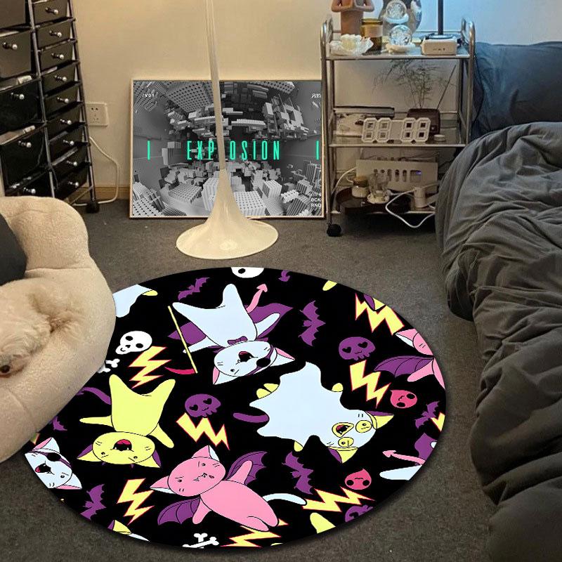 Halloween Cats A Pattern of Bat-Winged Cats and Skulls Round Rug, Purple Black Halloween Style Design, Soft Non-Slip Washable Area Mat
