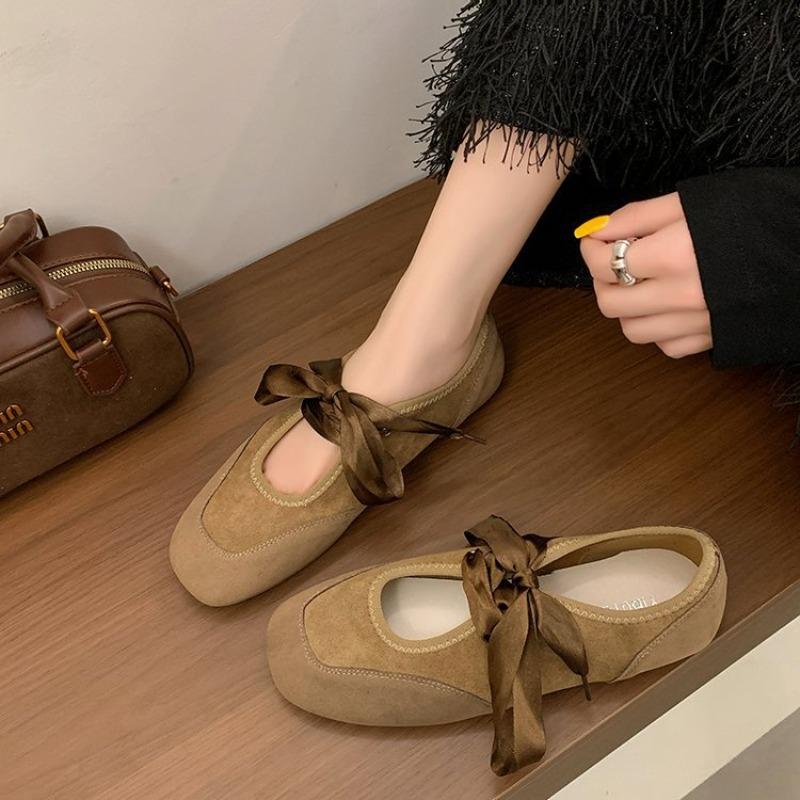 Gentle Shallow Mouth Square Head Mary Jane Shoes Women's Autumn and Winter New Lace-up Single Shoes Women's Flat Ballet Shoes
