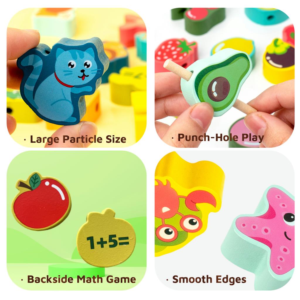 Montessori Holz Einfädelperlen Spielzeug für Kleinkinder, Pädagogisches Auffädeln Tiere Früchte Einfädelspiel, Geschenk für Vorschulkinder