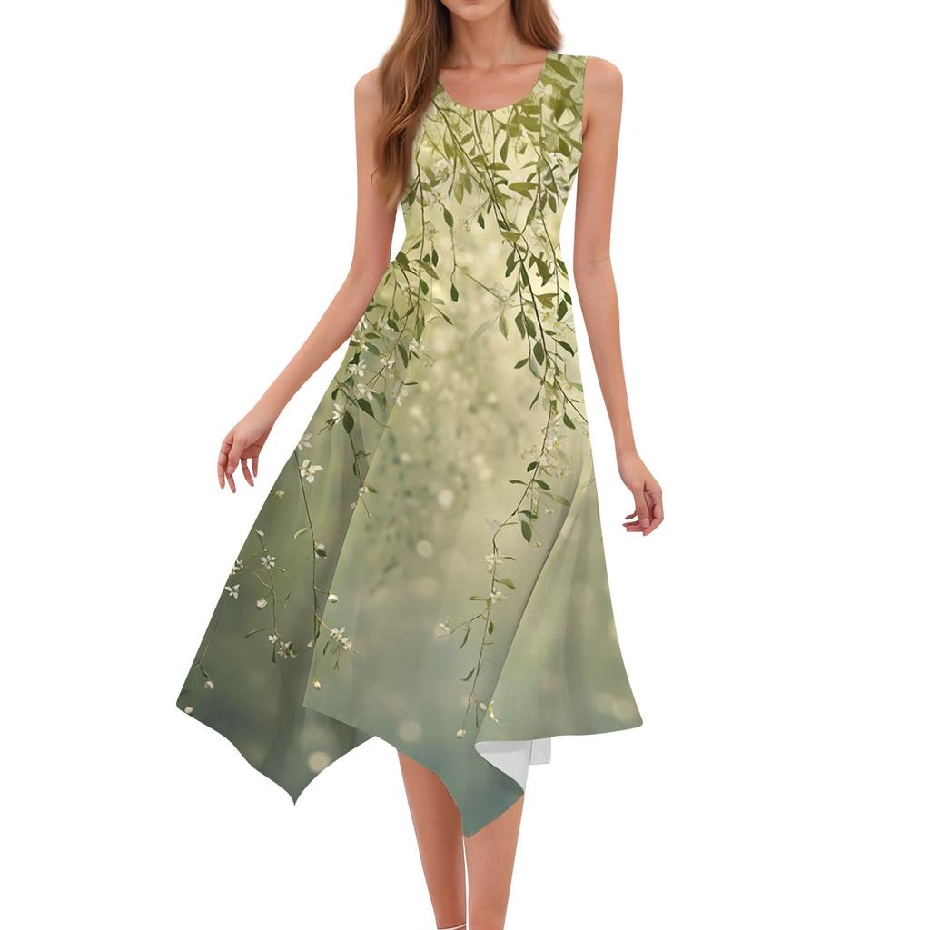 Women's Casual Fashion Round Neck Sleeveless Floral Print Irregular Hem Midi Dress