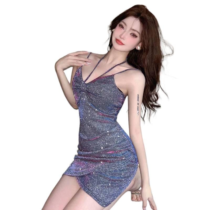 Sparkling Spaghetti Strap Mini Dress with Glitter Sequins