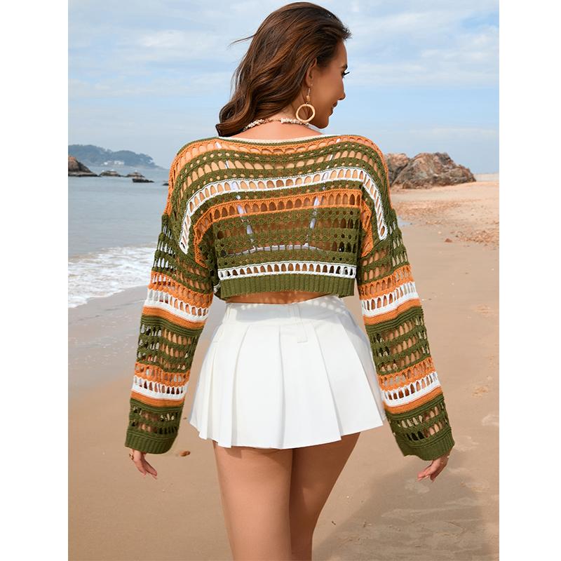 Spring/summer New Women's Cut-out Stripe Stitching Foreign Trade Sexy Bikini Beach Blouse