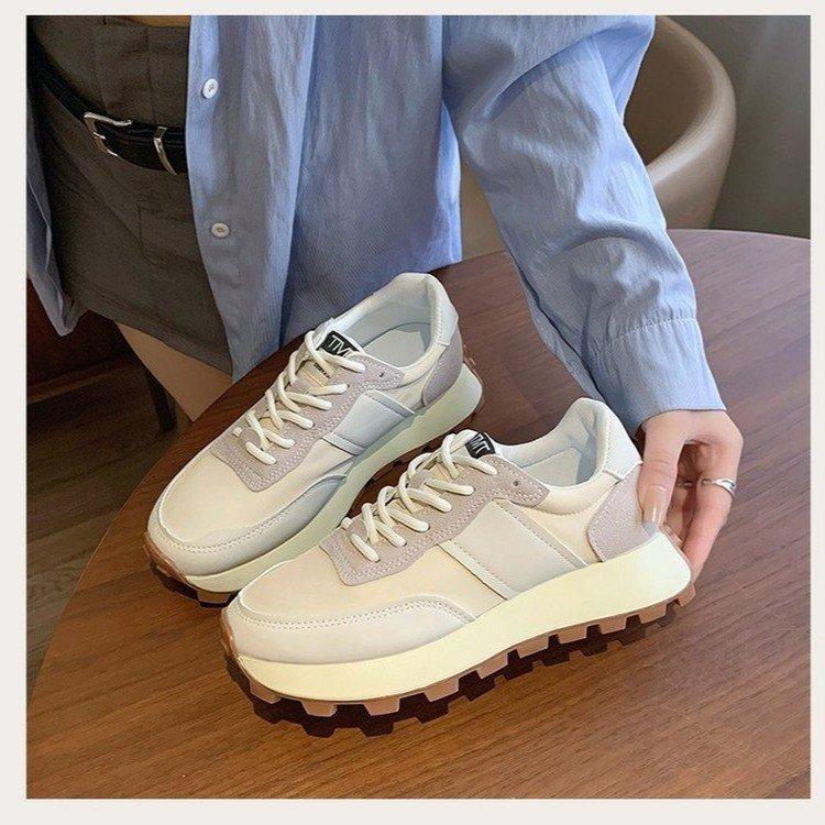 

2025 autumn new sports shoes platform heightening dad shoes women s ins super fire casual versatile waffle gump shoes 35 бежевый