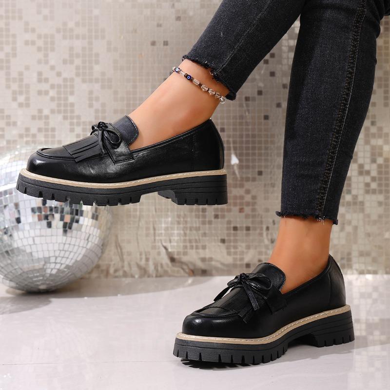 New Large-sized Loafers, Fringed Chunk-heeled Leather Shoes for Women