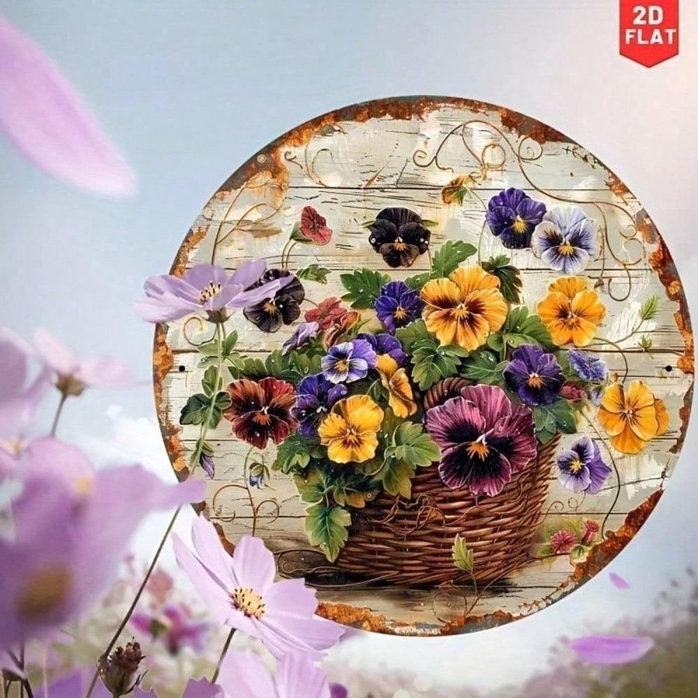 Vintage Tin Sign Round Floral Wall Art 8 Inch Metal Pansy Botanical Decor For Kitchen Garden Living Room Home