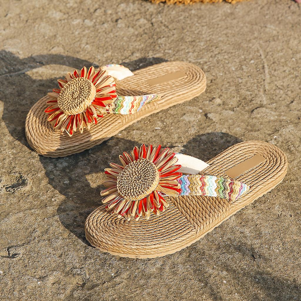 Women's fashion trend Linen multi-color sunflower anti-slip wear soft sole flat flip-flops