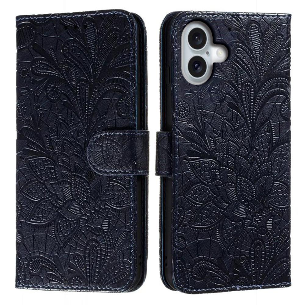 For iPhone 16 Case Lace Flowers PU Leather Flip Wallet Phone Cover - Grey