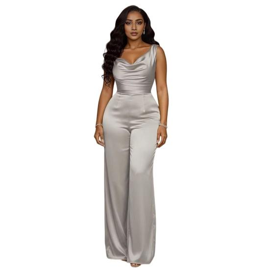 

Women s Satin Sleeveless Jumspuist Cowl Neck Wide Leg Long Pants Dressy Romper High Waist Club Night Party One Piece Outfits S серебряный