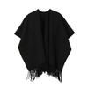 Solid Black Tassel Hem Open Front Poncho Cape Soft Faux Cashmere Wrap Shawl