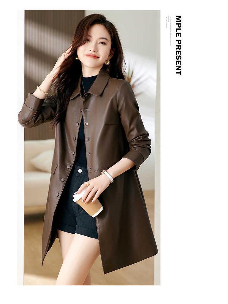 Women's High-End Slimming Lambskin Leather Jacket - Mid-Length Coat for Spring and Autumn