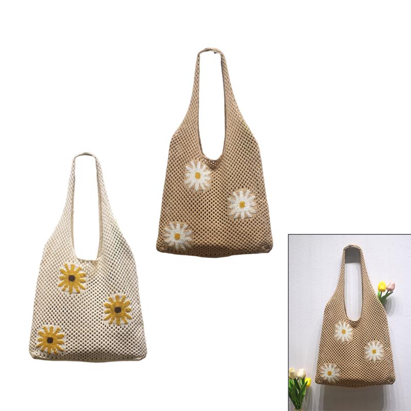 Shoulder Bag For Women Spring Summer Flowers Print Knitted Tote Bag Lightweight Travel Crochet Bag Flower Shopper Bag