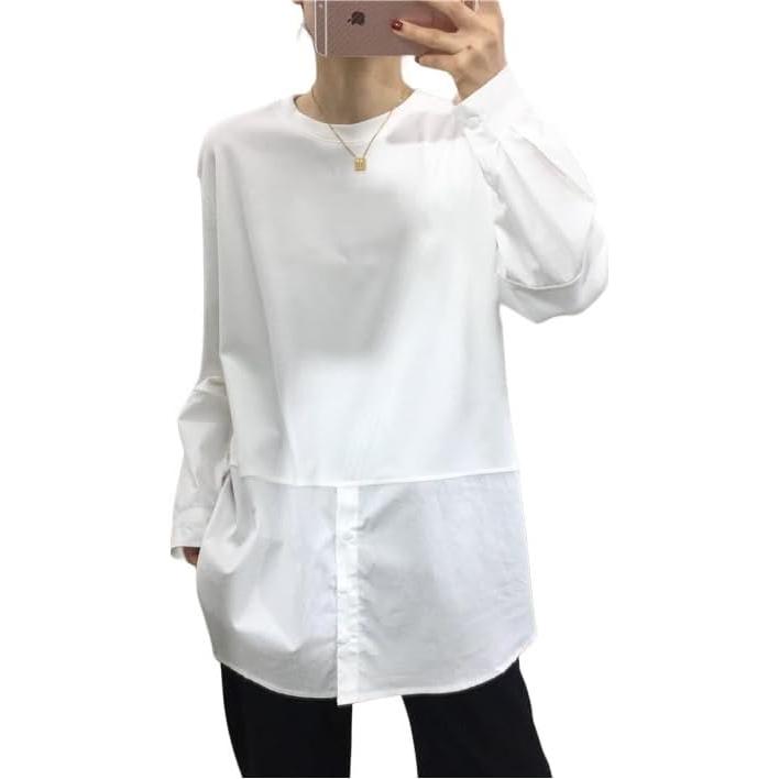 [redeo count] Women s long sleeve layered white T-shirt cut and sew simple neat long T tops white