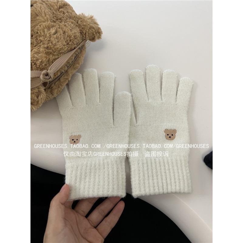 Women's Wool Gloves In Autumn and Winter Korean Cute Bear Embroidery Knitted Touch Screen Student Warm Riding Gloves Windproof