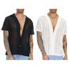 Men Summer Shirt Solid Color Hollow Out Lapel Short Sleeves Single-breasted Daily Wear Loose Breathable Men T-shirt Men Clothes