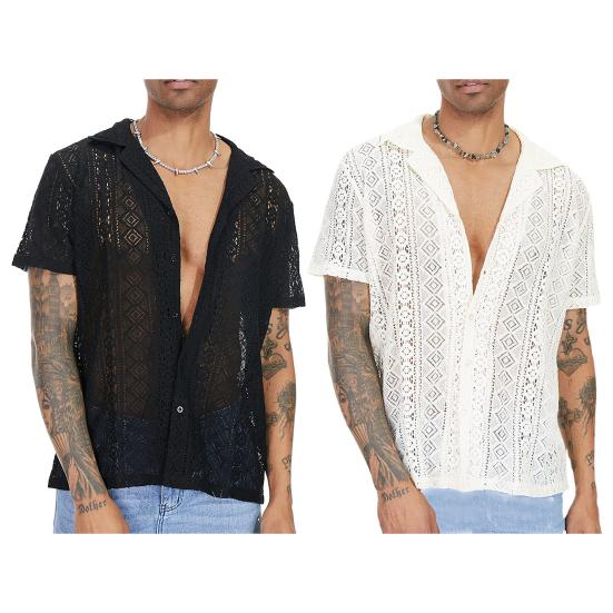 Men Summer Shirt Solid Color Hollow Out Lapel Short Sleeves Single-breasted Daily Wear Loose Breathable Men T-shirt Men Clothes