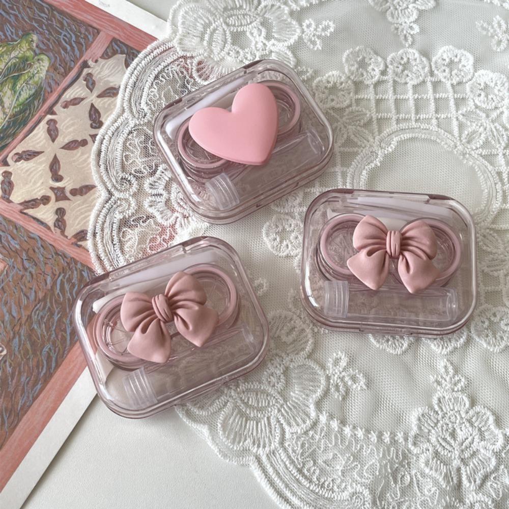 Transparent Bow Lenses Case Pink Eye Care Container Box Portable Cosmetic Contact Lenses Box