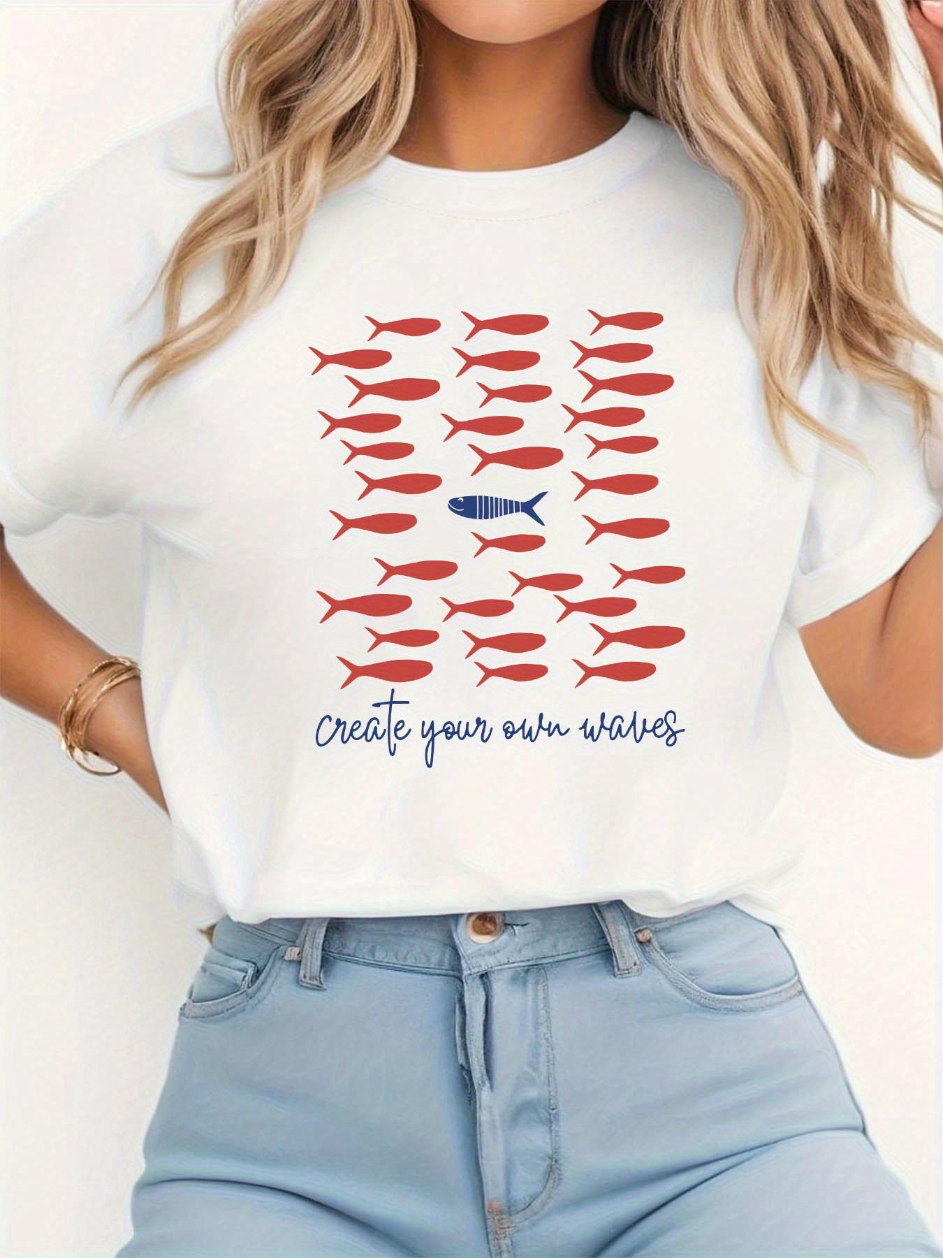 

Womens Create Your Own Waves Graphic Crew Neck Short Sleeve TShirt Red Fish Blue Letter Print Casual Top Summer Clothing S