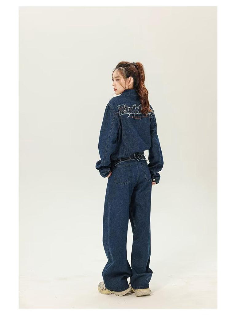 Patchwork Embroidery Denim Jacket and Wide-Leg Pants Set for Men & Women - Autumn Fashion, Retro College Style